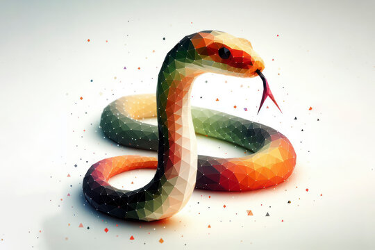 Low poly image of a snake on solid white bright background. ai generative