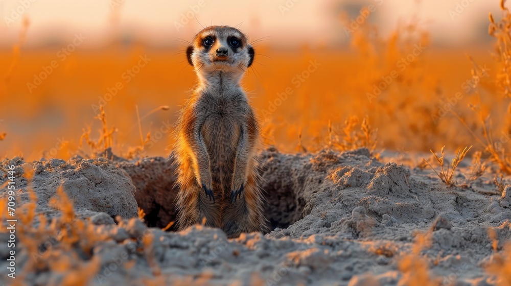 Poster a meerkat is standing in the middle of a hole in the ground in the middle of a field.