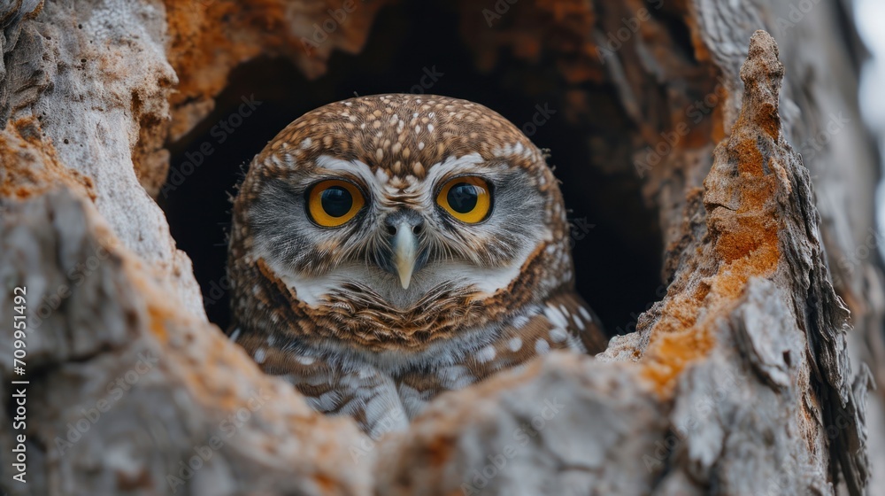 Poster a close up of an owl looking out of a hole in the bark of a tree with its eyes wide open.