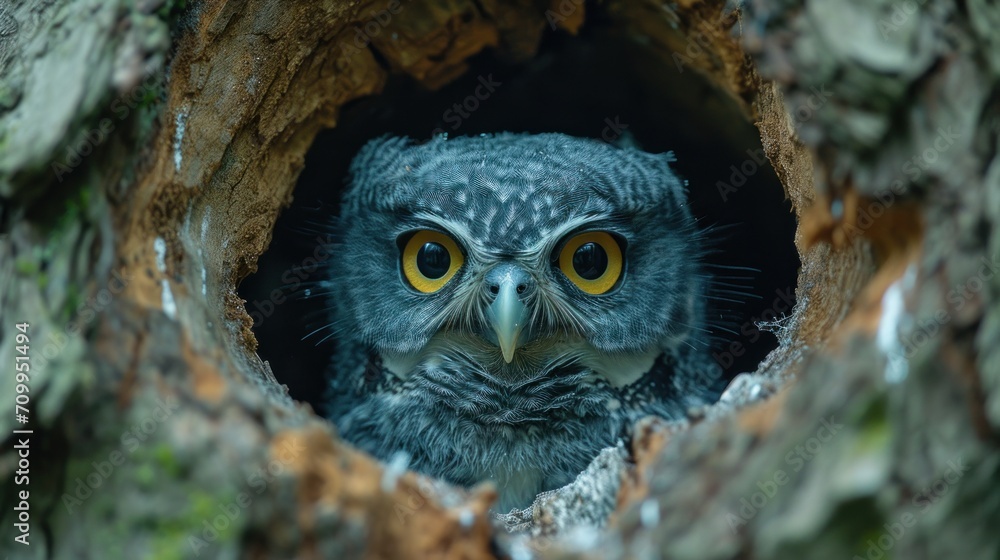 Aufkleber a close up of a small bird in a hole in the bark of a tree with its eyes wide open.
