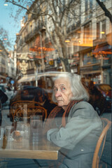 Fototapeta na wymiar An elderly woman in a historic European town square, observed through the reflections on a cafe window. 