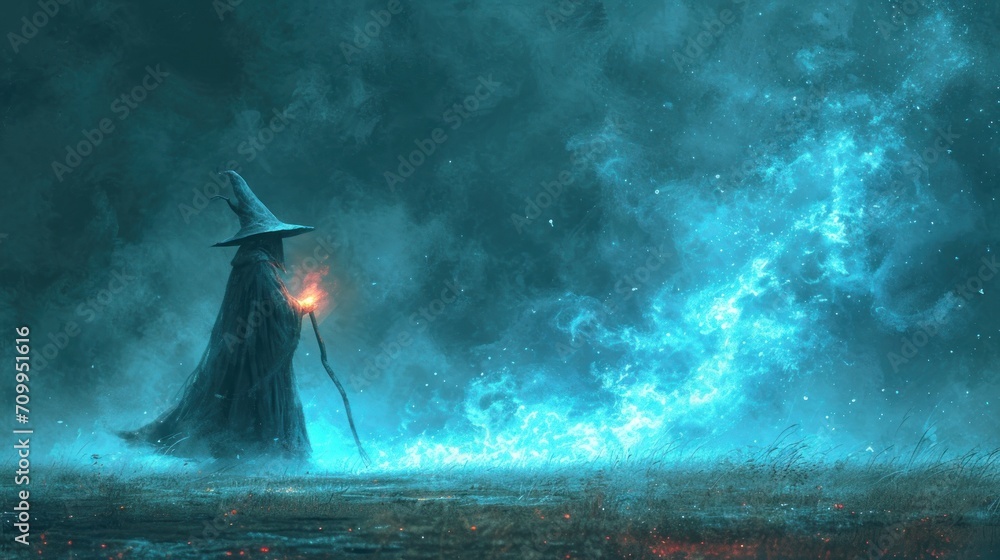 Poster a wizard standing in the middle of a field in front of a blue cloud filled sky with a glowing light.