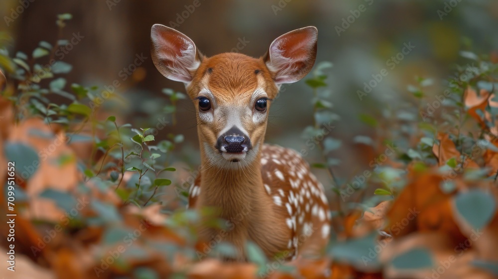 Poster a close up of a small deer in a field of grass and leaves with a blurry background of trees and bush