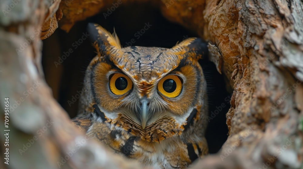 Poster a close up of an owl looking out of a hole in the bark of a tree with its eyes wide open.