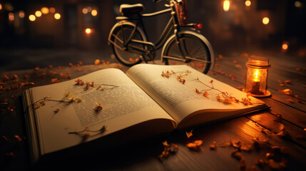 A magic book and a bicycle create a world of fantasy and adventures, generative AI