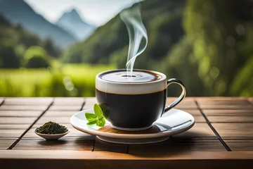 Keuken spatwand met foto asian tea cup set , healthy herbal infusion , natural landscape background © eric