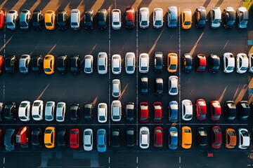 A vibrant cityscape is captured from above, showcasing a bustling parking lot filled with a multitude of parked cars. Urban mobility in full view.