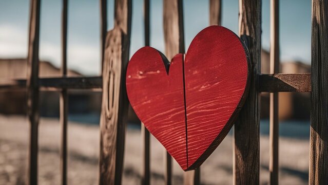 heart on a wooden fence  A red heart painted on a wooden fence with a brush. The wood is natural and organic 