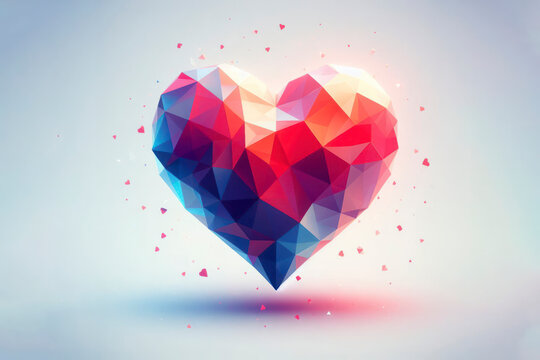 Low poly image of heart on solid white bright background. ai generative