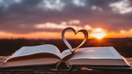 open book with heart at sunset a book with a heart shaped pages on top of it