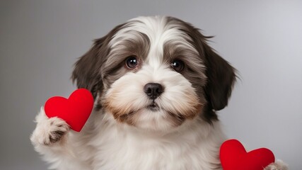 puppy with heart a cute white dog holding red heart hearts and a blurred face, standing on a gray background.
