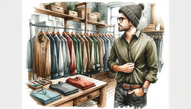 This is a serene image of a man in a beanie carefully examining a shirt in a rustic clothing store.