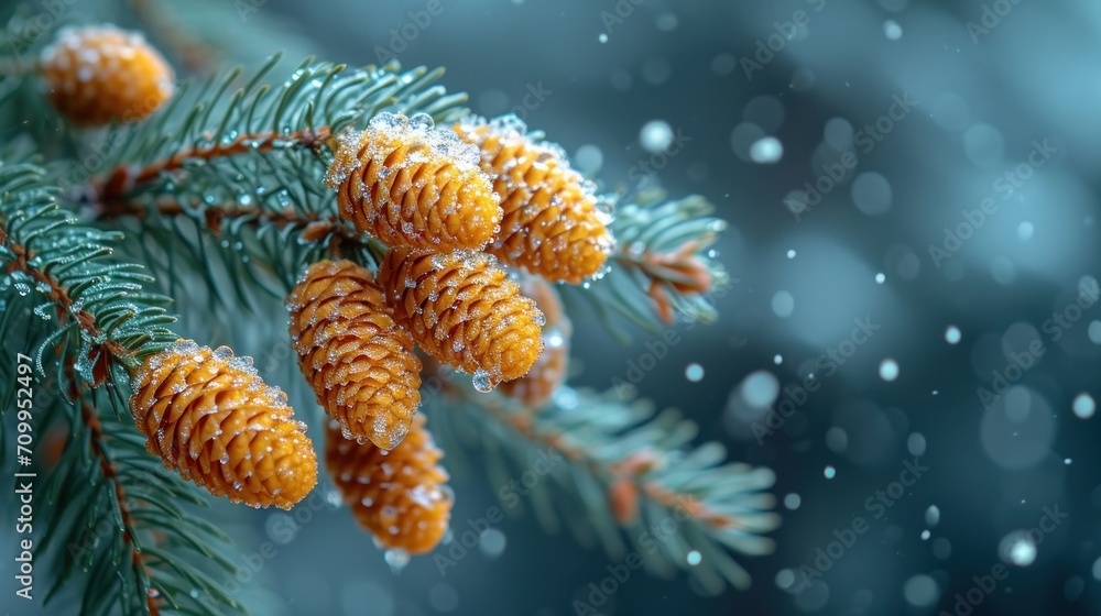 Poster a close up of pine cones on a pine tree with snow falling on the branches and a blurry background.