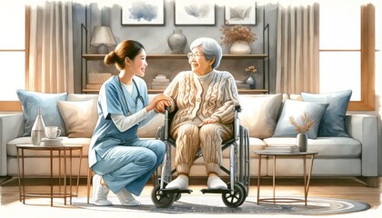 This is a heartwarming image of a caregiver holding hands with an elderly woman in a wheelchair in a cozy room.