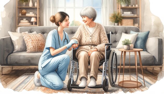This is a heartwarming image of a caregiver holding hands with an elderly woman in a wheelchair in a cozy room.