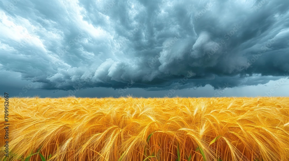 Poster a large field of ripe wheat under a cloudy sky with storm clouds in the sky over the top of it.