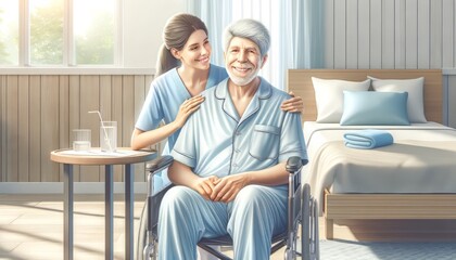 Obraz premium This is an affectionate image of a nurse and an elderly man sharing a moment of joy in a bright, tidy room.