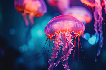 a lot of neon jellyfishes in aquarium