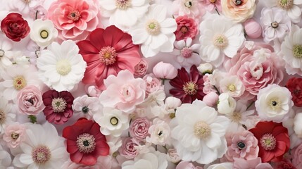 a white, red, and pink flowers come together in a stunning display on a spotless white canvas.