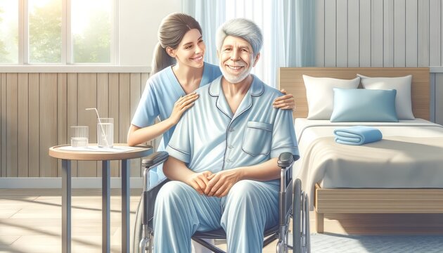 This is an affectionate image of a nurse and an elderly man sharing a moment of joy in a bright, tidy room.