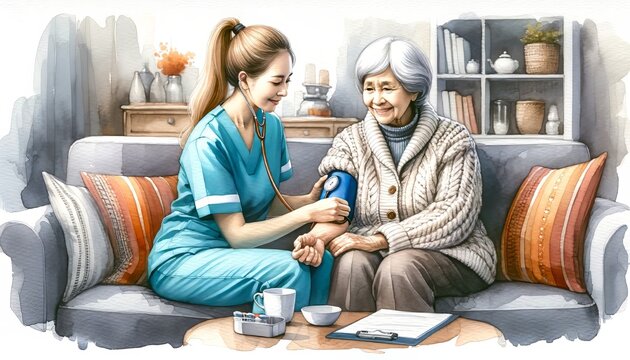 This is a tender image of a nurse checking the blood pressure of a smiling elderly woman in a cozy living room.