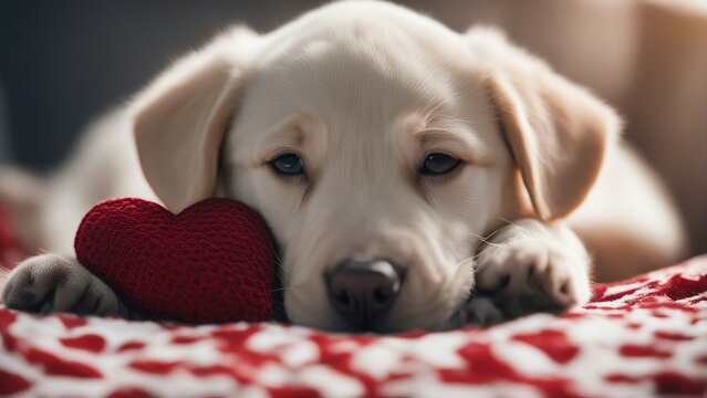puppy with a red heart A Labrador puppy with a red heart patch on its fur. The puppy is cuddly and sweet,  