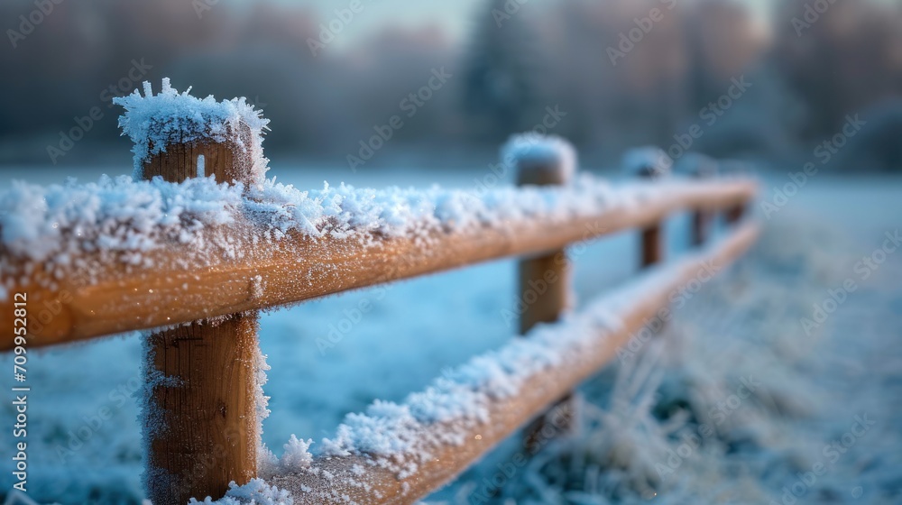 Poster a close up of a wooden fence with snow on the top and bottom of the fence and trees in the backgroun