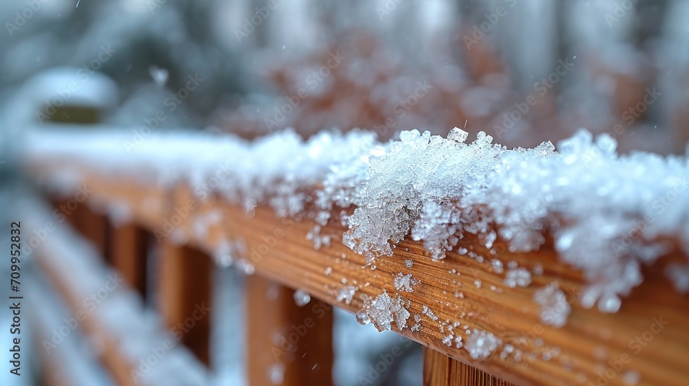 Poster a close up of a wooden fence with snow on the top and bottom of the fence and trees in the backgroun