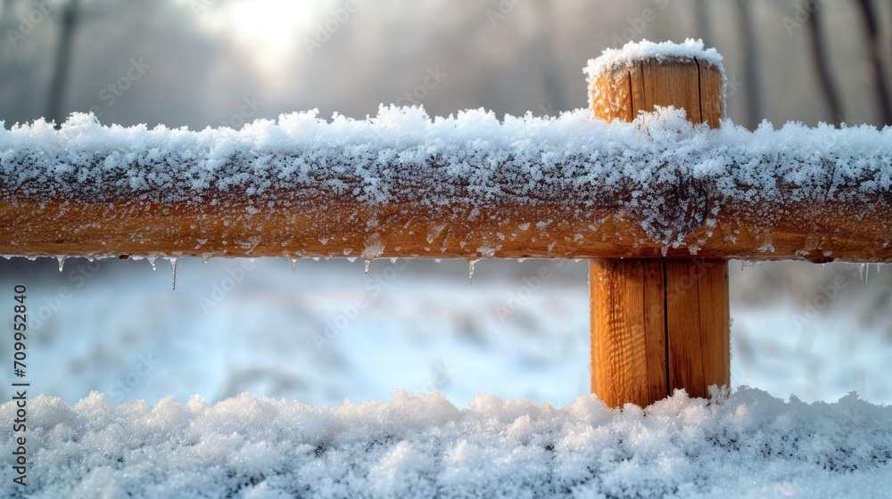 Poster a close up of a wooden fence with snow on the top and bottom of the fence and trees in the backgroun