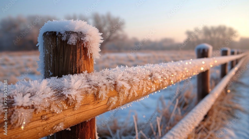Poster a wooden fence with snow on it and a field in the background with trees in the foreground and grass 