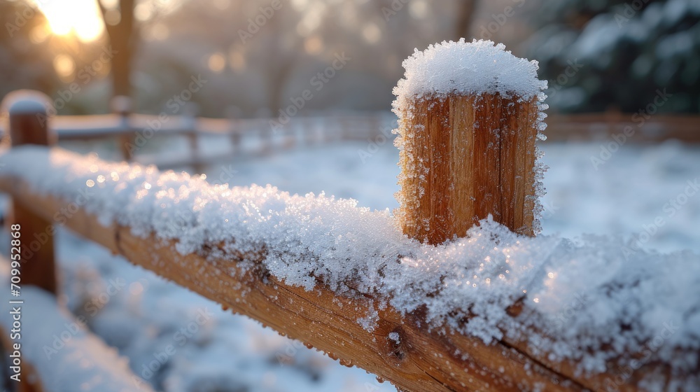 Poster a wooden fence with snow on top of it and a fence post in the foreground with trees in the backgroun