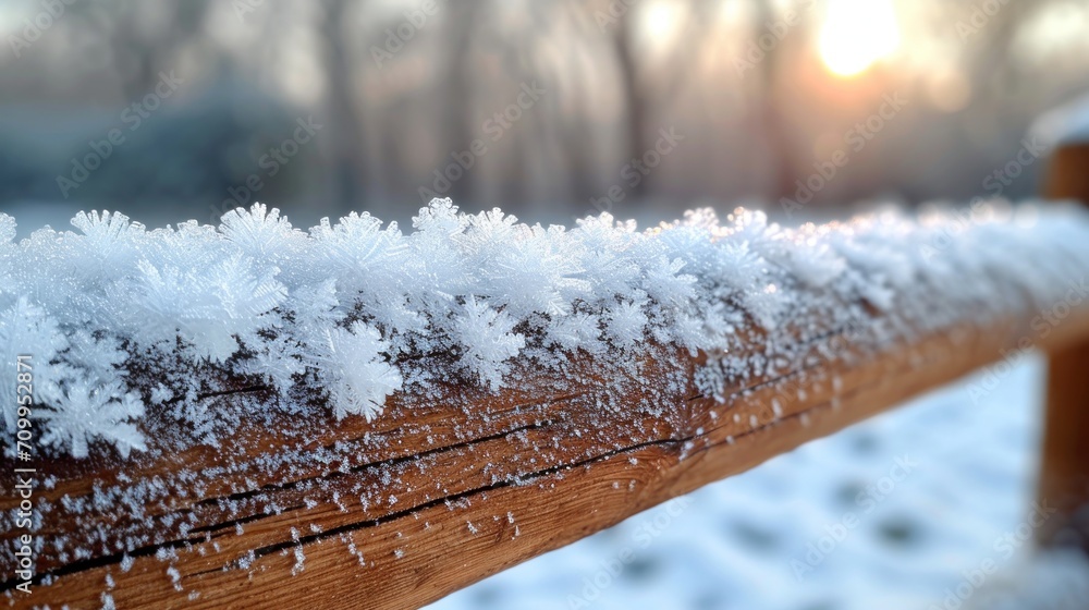 Aufkleber a close up of a wooden fence with snow on the top and bottom of the fence and trees in the backgroun