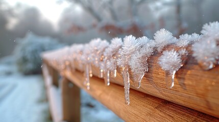  a close up of a wooden bench with icicles hanging off of it's sides and trees in the background.
