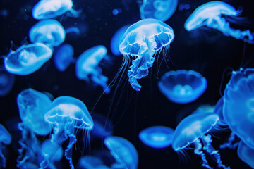a lot of neon jellyfishes in aquarium