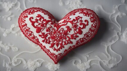 Fototapeta premium heart on white lace A red heart with a lace pattern on a white background. The heart is delicate and beautiful, 