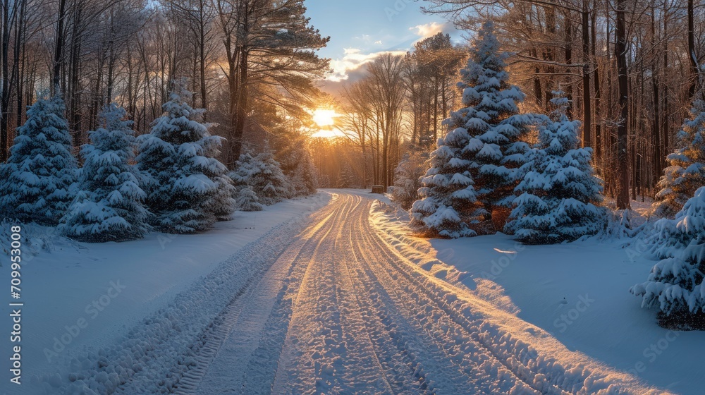 Poster the sun shines through the trees on a snowy path through a forest with snow covered trees and snow -