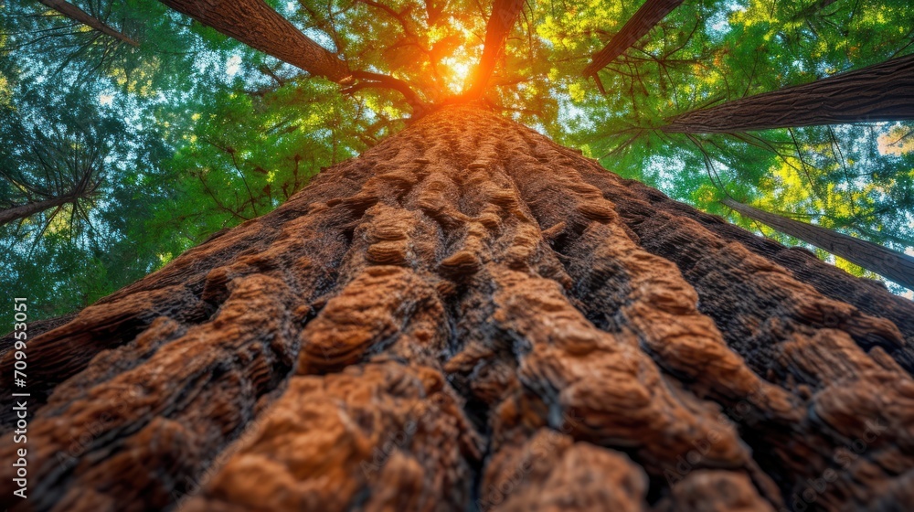 Poster the top of a tall tree with the sun shining through the trees in the middle of the tree trunk, looki