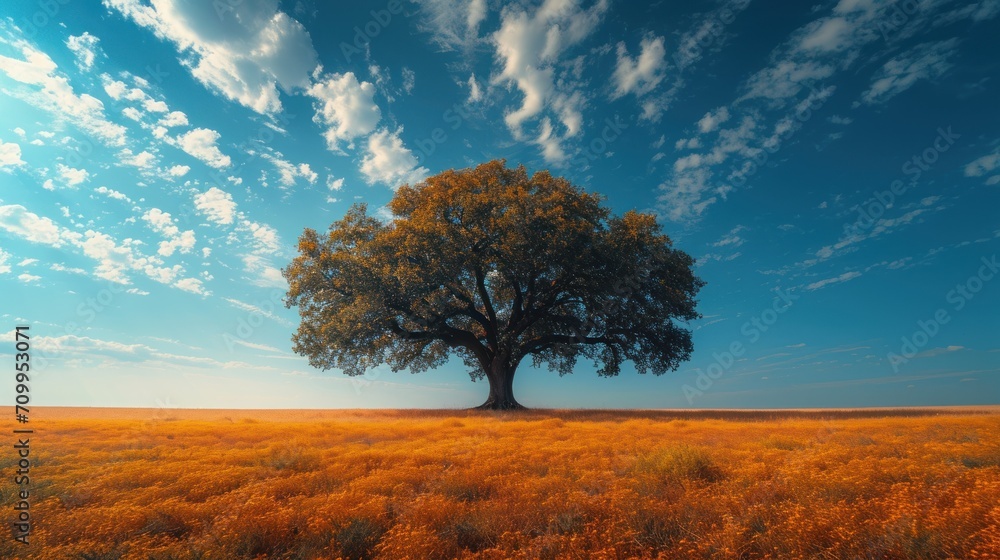 Poster a lone tree stands in the middle of a field of tall grass under a blue sky with wispy clouds.