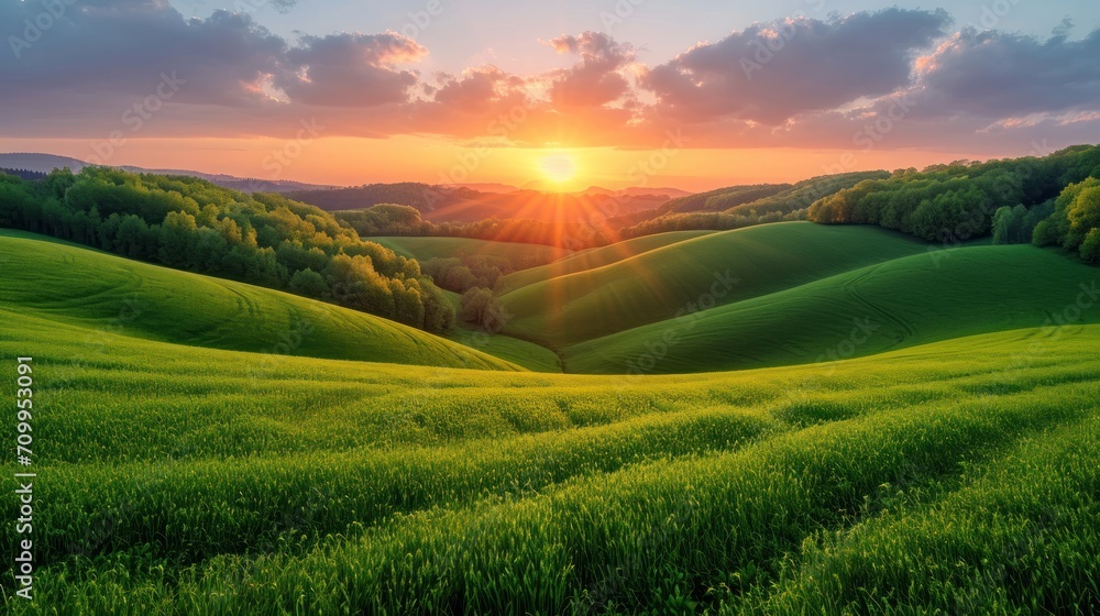 Aufkleber the sun is setting over a field of green grass with rolling hills in the distance and trees in the f