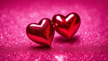 Fototapeta premium red heart on a pink background Two red hearts on a pink glitter background. The hearts are bright and have some reflections 