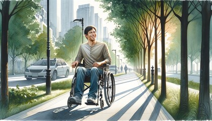 The image shows a young man in a wheelchair smiling and moving along a tree-lined sidewalk in an urban environment. - obrazy, fototapety, plakaty