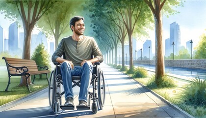 The image shows a young man in a wheelchair smiling and moving along a tree-lined sidewalk in an urban environment. - obrazy, fototapety, plakaty
