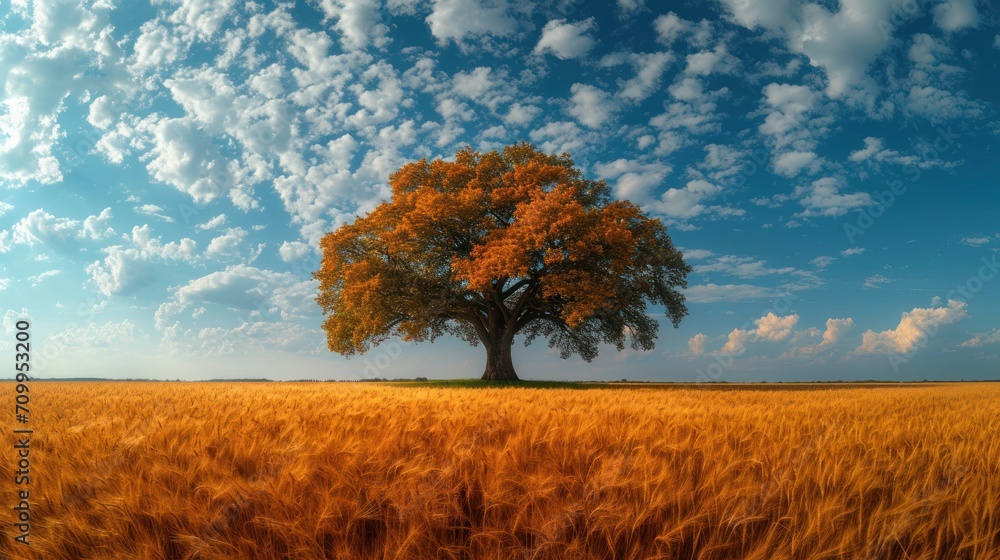 Poster an image of a tree in the middle of a field with clouds in the sky and a blue sky with white clouds.