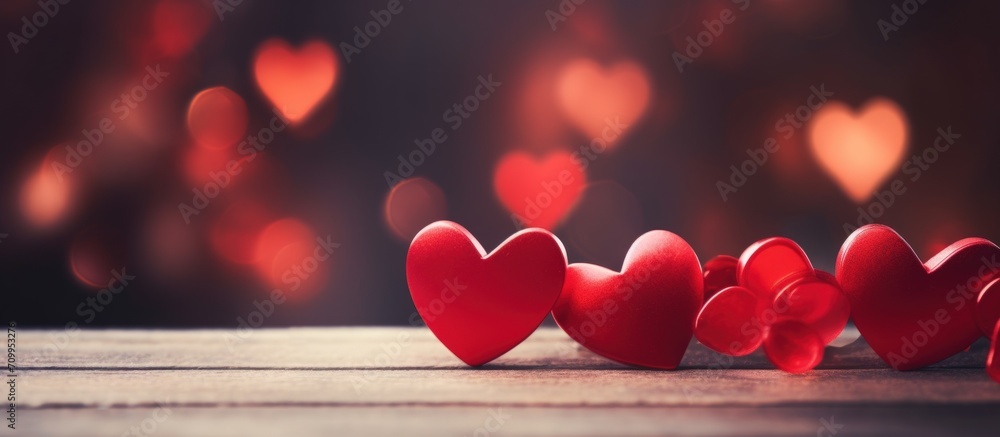 Poster valentines day background banner - abstract panorama background with red hearts. generative ai