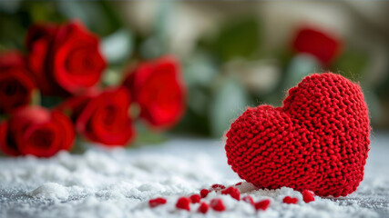 Valentine's Day background with red heart on snow and red roses
