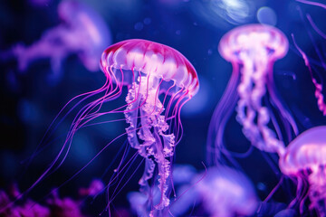 neon jellyfishes in aquarium 