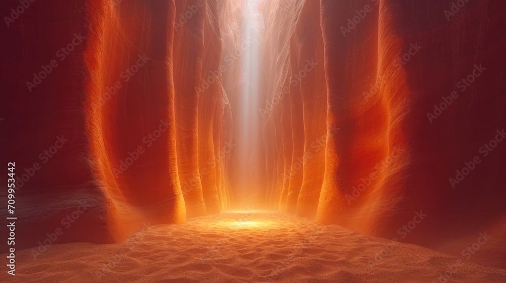 Poster an image of a light at the end of a tunnel in the middle of the desert with a bright light at the en