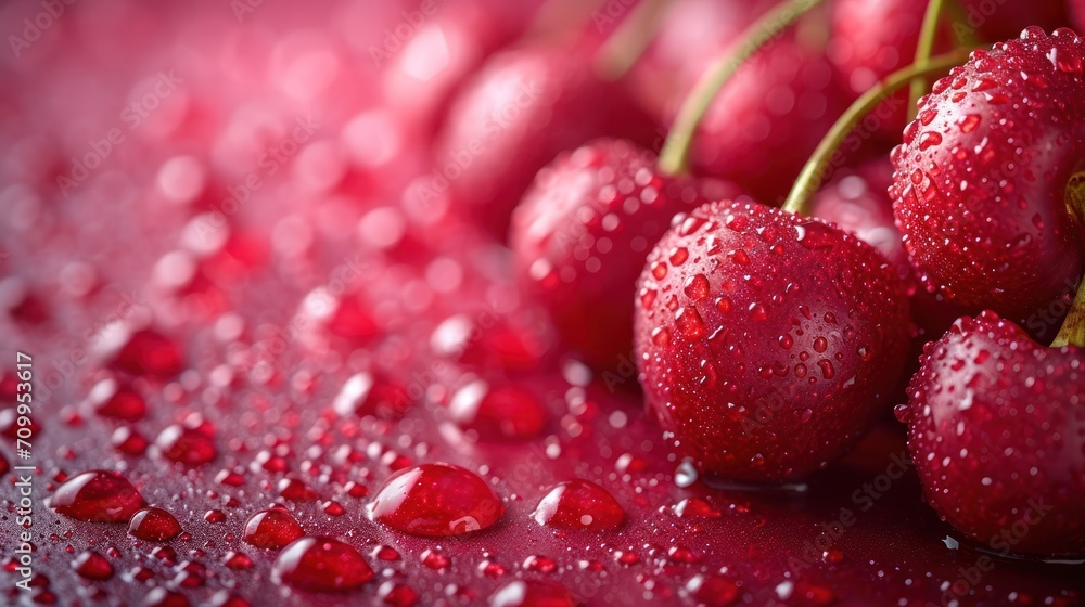 Poster a close up of a bunch of cherries on a table with water droplets on the surface of the image.