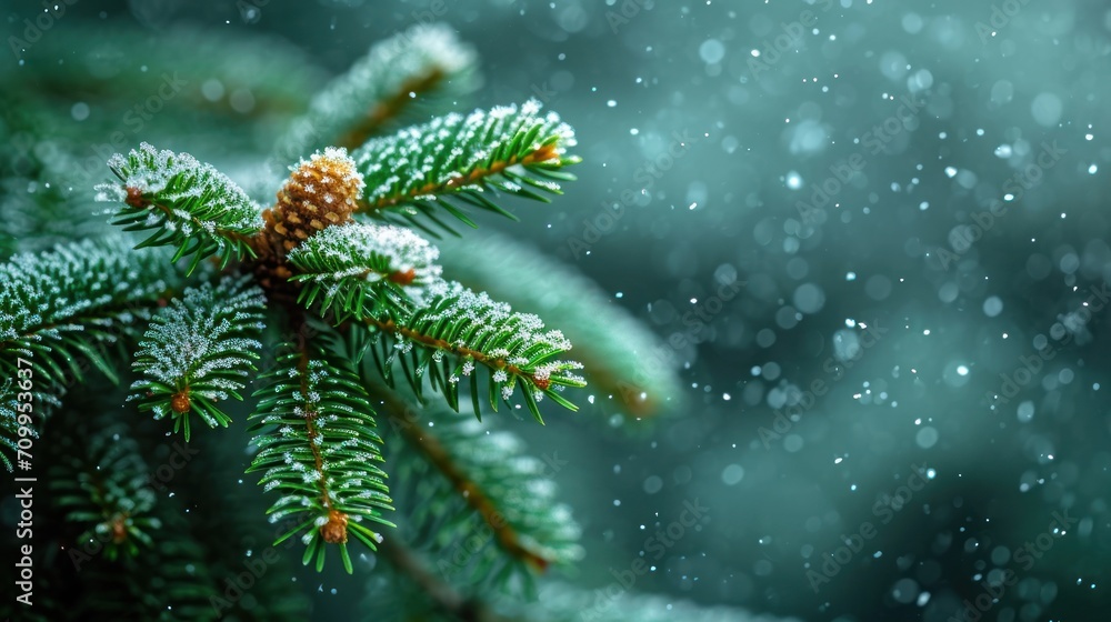 Poster a close up of a pine tree branch with snow falling on it and a blurry background of snow flakes.