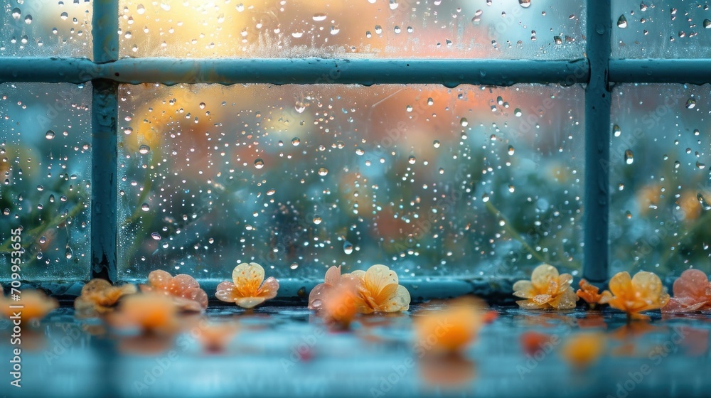 Poster a window with a bunch of flowers on the window sill and raindrops on the window pane.